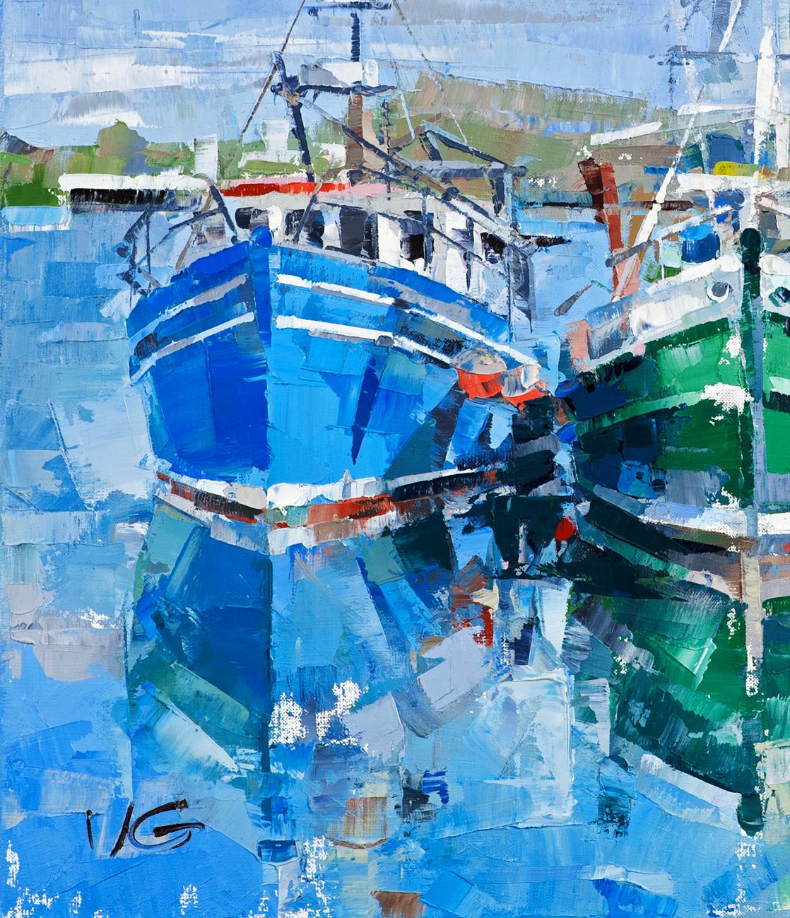 Vibrant blue fishing boat oil painting Andalusia by Volodymyr Gluhomanyuk