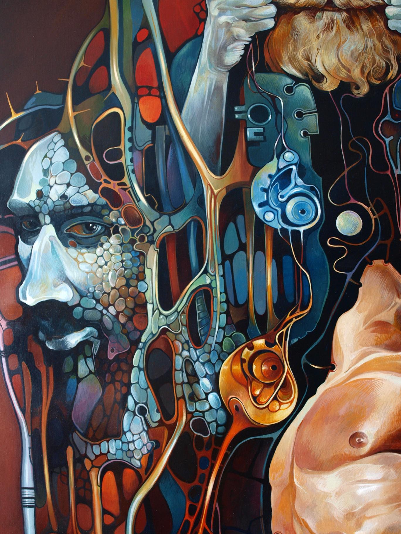 Oil painting Kurukshetra by Konsta G. Amelinn: stylized face in metallic blues golds