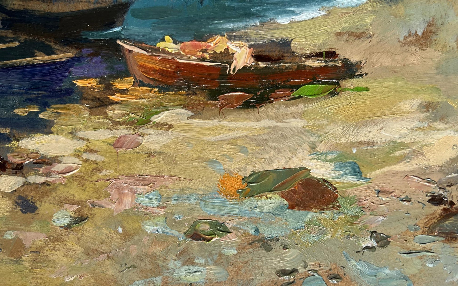 Oil painting of weathered rowboat in sea by Yuriy Suprunchuk