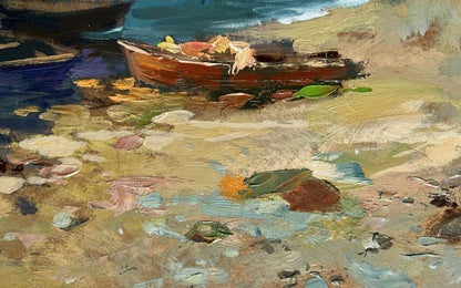 Oil painting of weathered rowboat in sea by Yuriy Suprunchuk