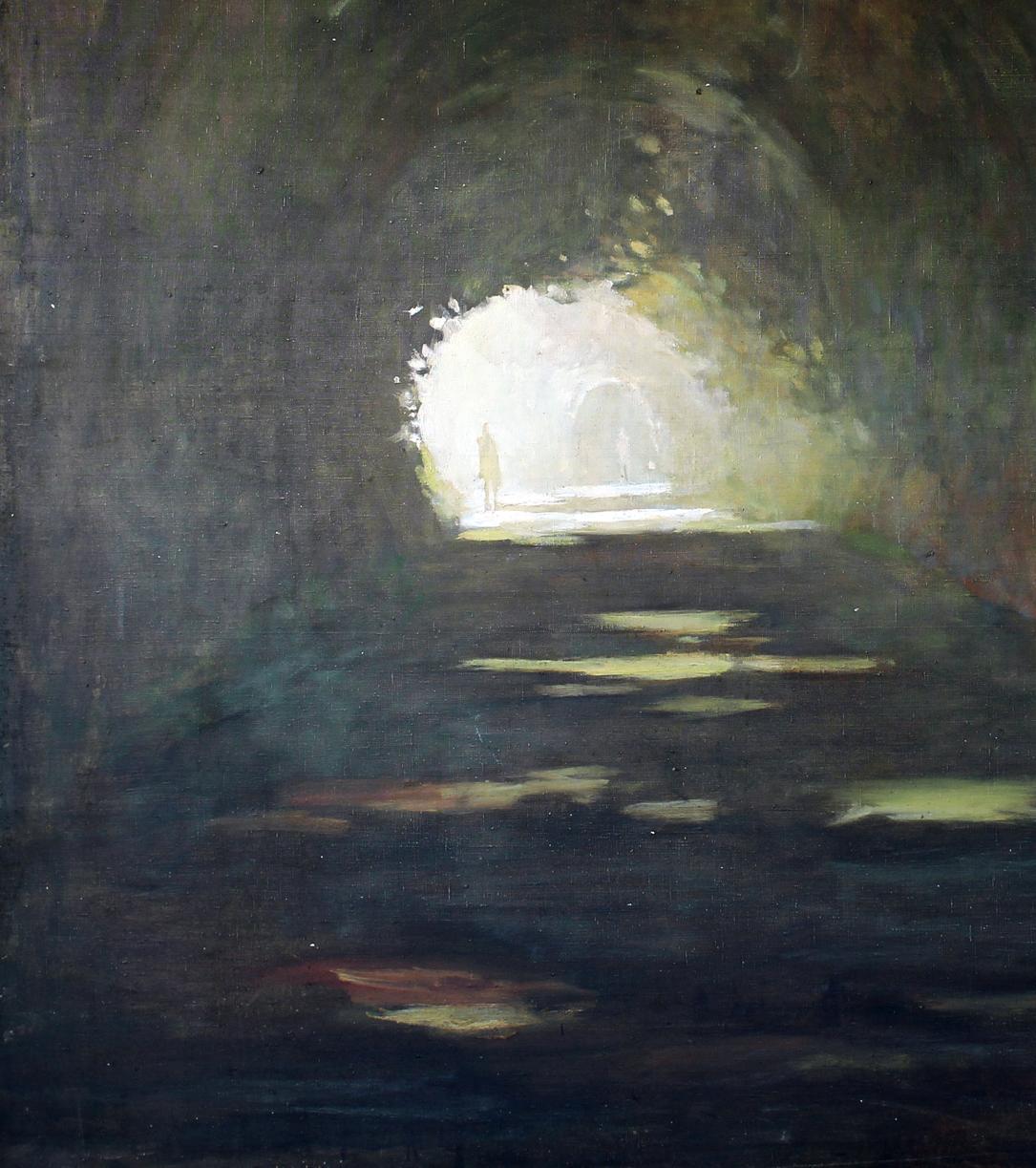 Oil painting Passage by Ed Potapenkov: dimly lit tunnel with sunlit exit