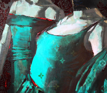 Teal oil painting Pathos by Ed Potapenkov with abstracted mannequins