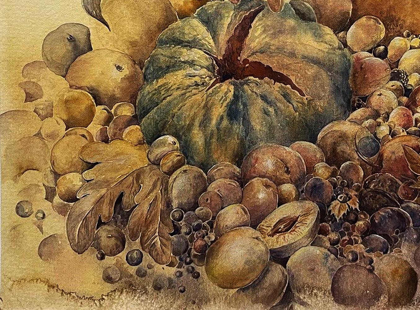 Watercolor still life painting of greenish-yellow pumpkin with pests by Dmytro Startsev