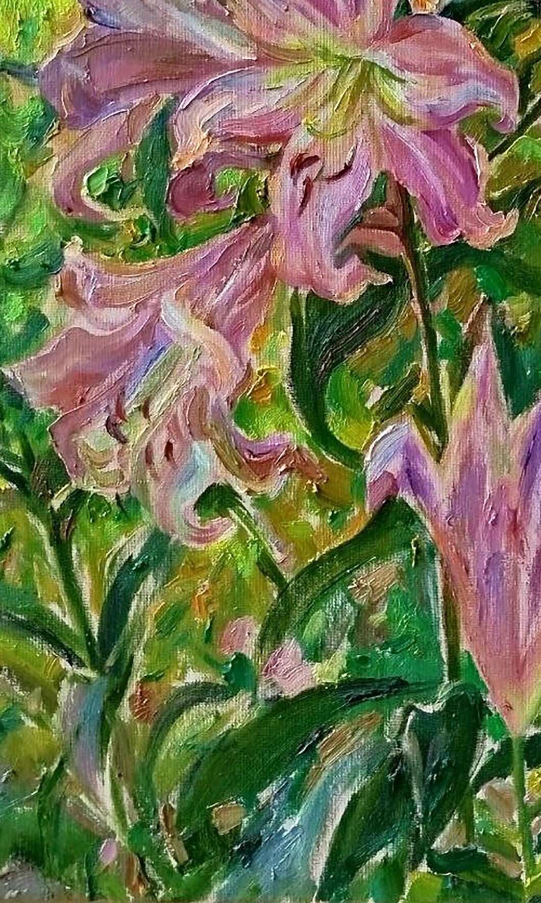Vibrant pink lilies oil painting by Leonid Pavlenko, impressionistic style