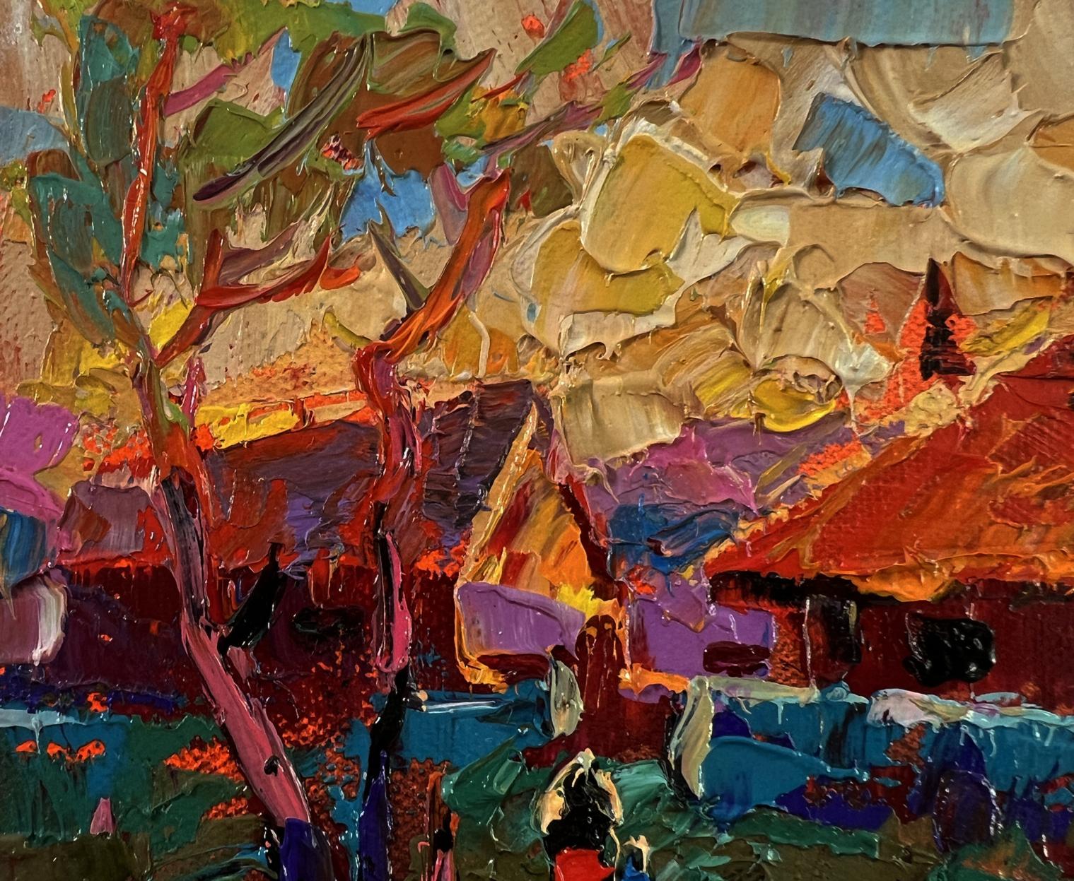 Vibrant Oleksiy Ivanyuk oil painting of sunset village glow landscape