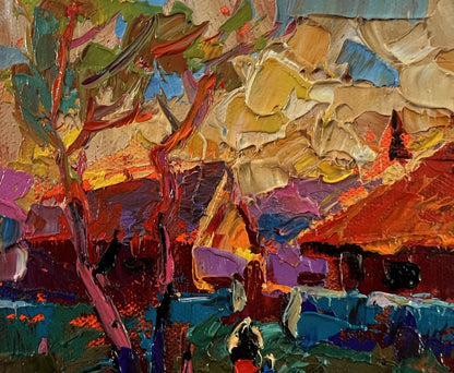Vibrant Oleksiy Ivanyuk oil painting of sunset village glow landscape