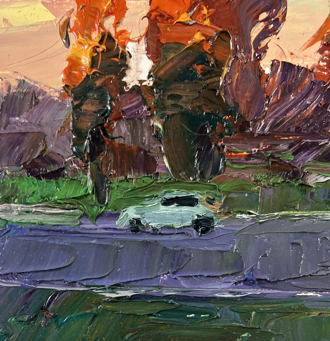 Oil painting Autumn poplars by Boris Serdyuk with orange purple brushstrokes