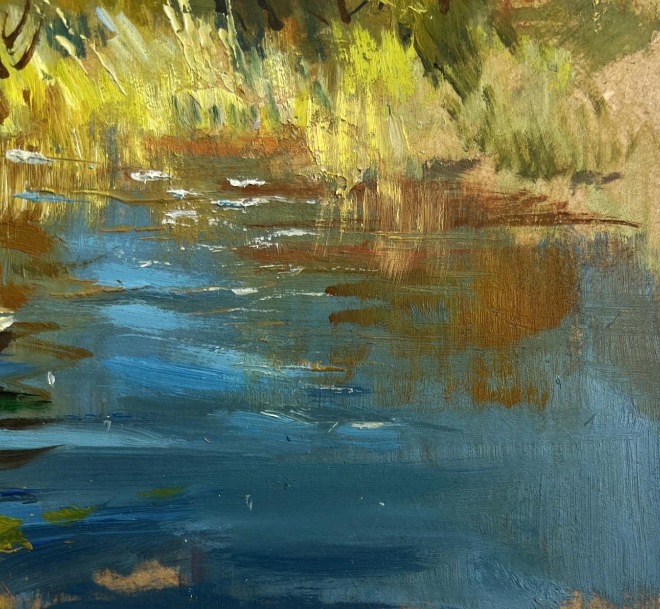 Impressionistic oil painting of River in golden foliage by Yuriy Suprunchuk