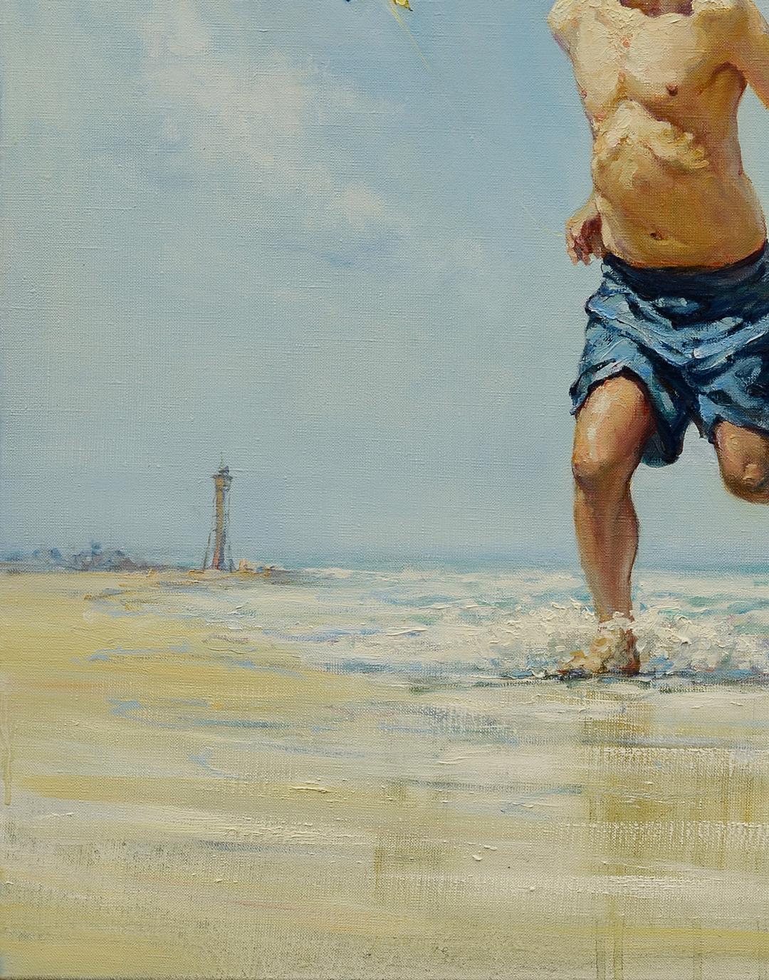 Oil painting of man in blue trunks running in waves by Oleg Kateryniuk