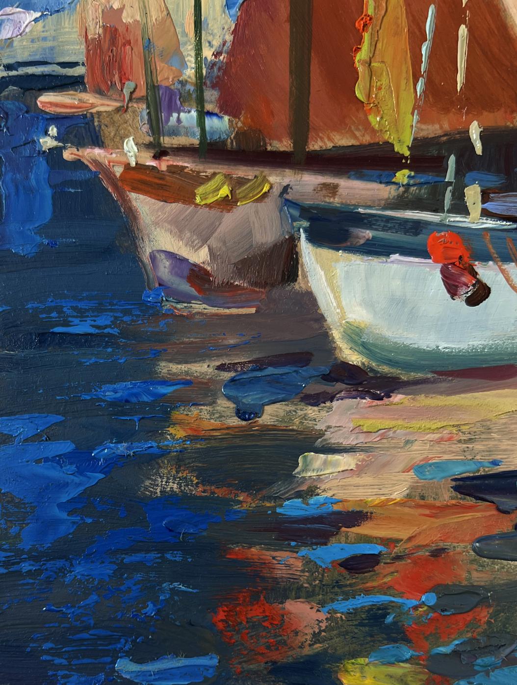 Vibrant impressionist oil painting of sailboats full of wind by Yuriy Suprunchuk