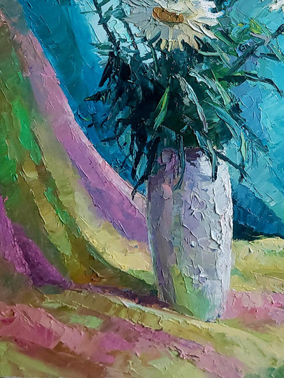 Oil painting Chamomile Boris Serdyuk with textured gray vase, white daisies