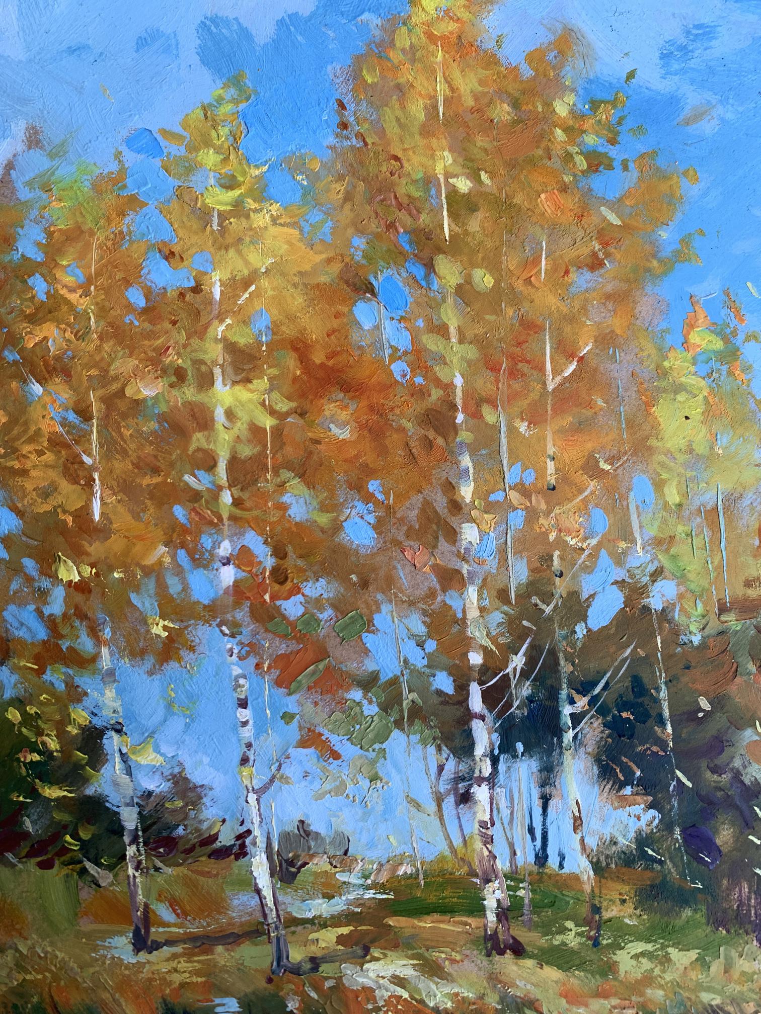 Vibrant impressionist oil painting of birch trees in orange forest by Yuriy Suprunchuk