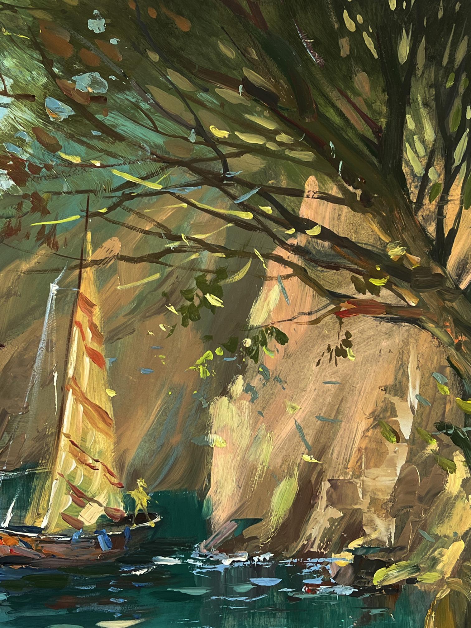 Oil painting of sailboat with striped sails by Yuriy Suprunchuk