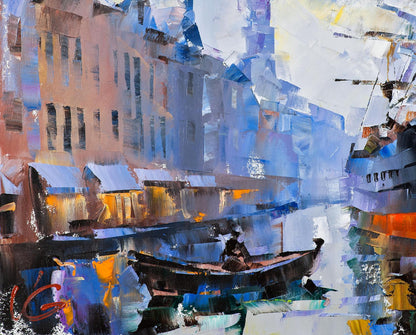 Oil painting Channel of Calm by Volodymyr Gluhomanyuk canal scene