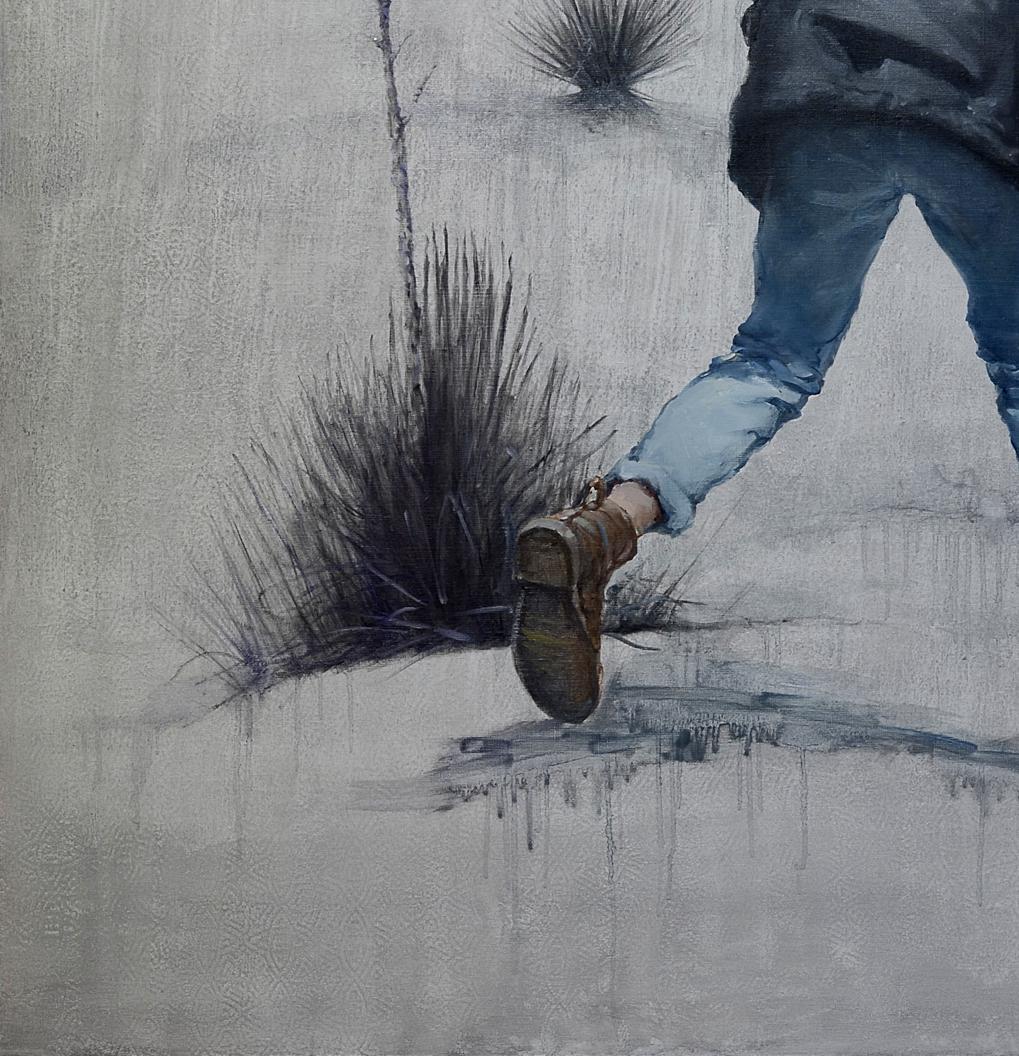 Oil painting of worn brown leather hiking boot by Oleg Kateryniuk