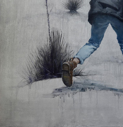 Oil painting of worn brown leather hiking boot by Oleg Kateryniuk