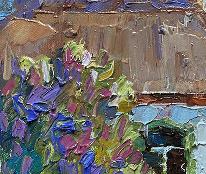 Vibrant Oleksiy Ivanyuk oil painting of chickens amid purple blue green pink flowers on textured brown background