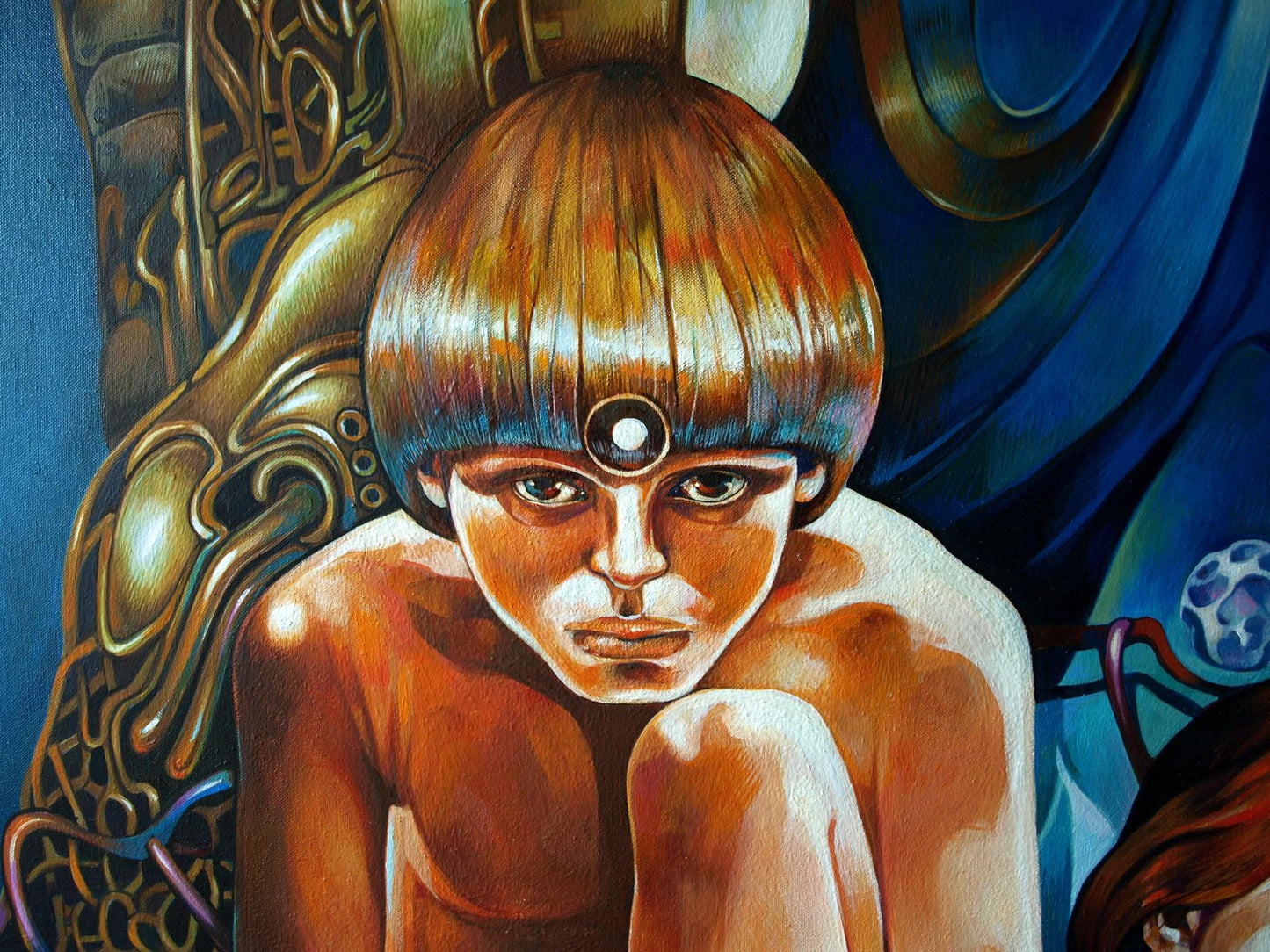 Oil painting Mirror of Consciousness by Konsta G. Amelinn, surreal boy with eye symbol