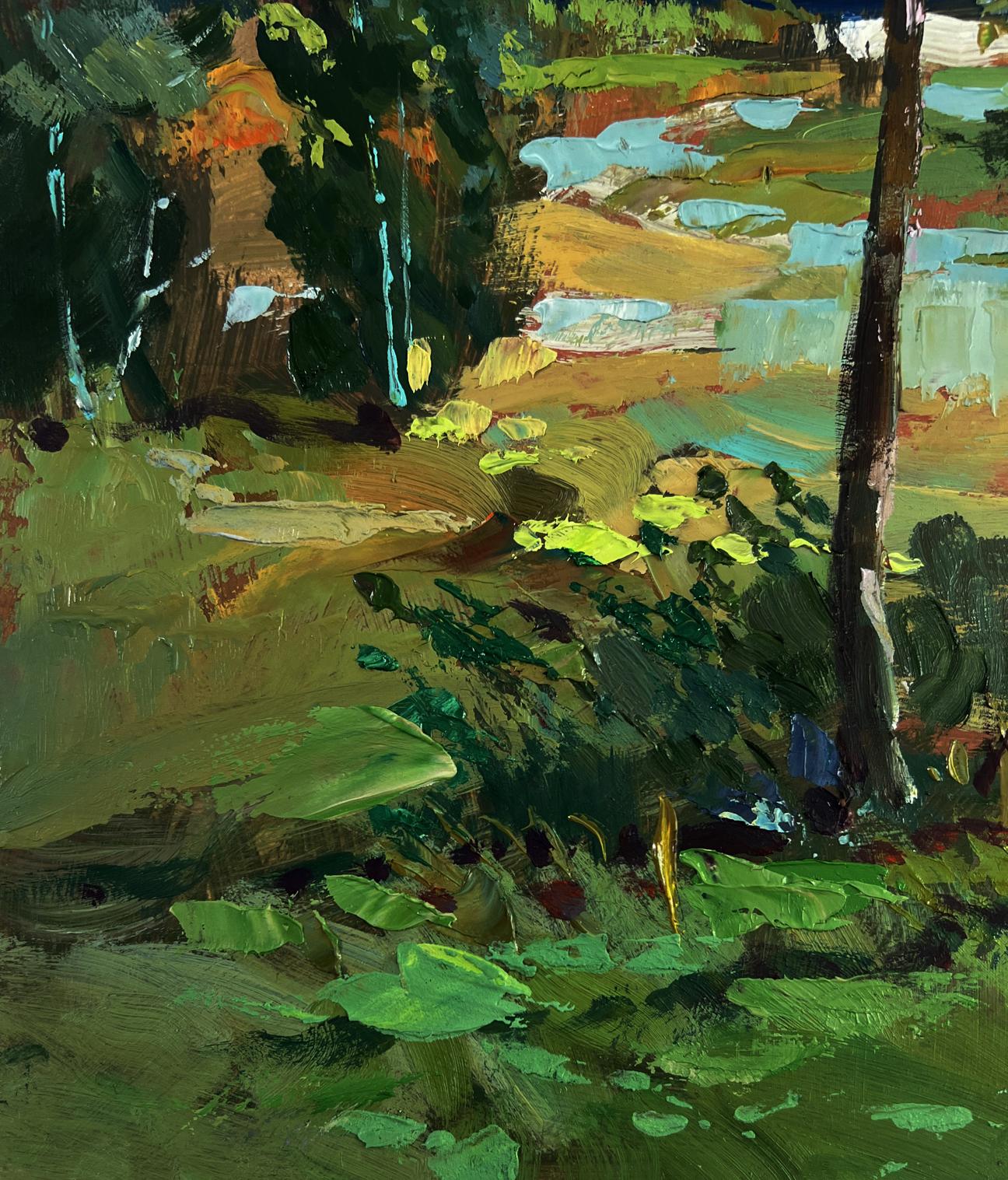 Impressionistic oil painting of horses by river in forest by Yuriy Suprunchuk