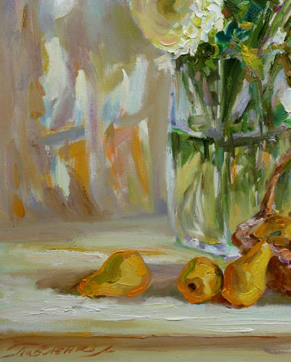 Oil painting Autumn sun by Leonid Pavlenko with white green flowers in vase