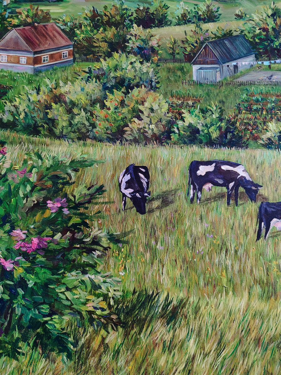 Oil painting Life in the village in summer by Oksana Sklym with grazing cows