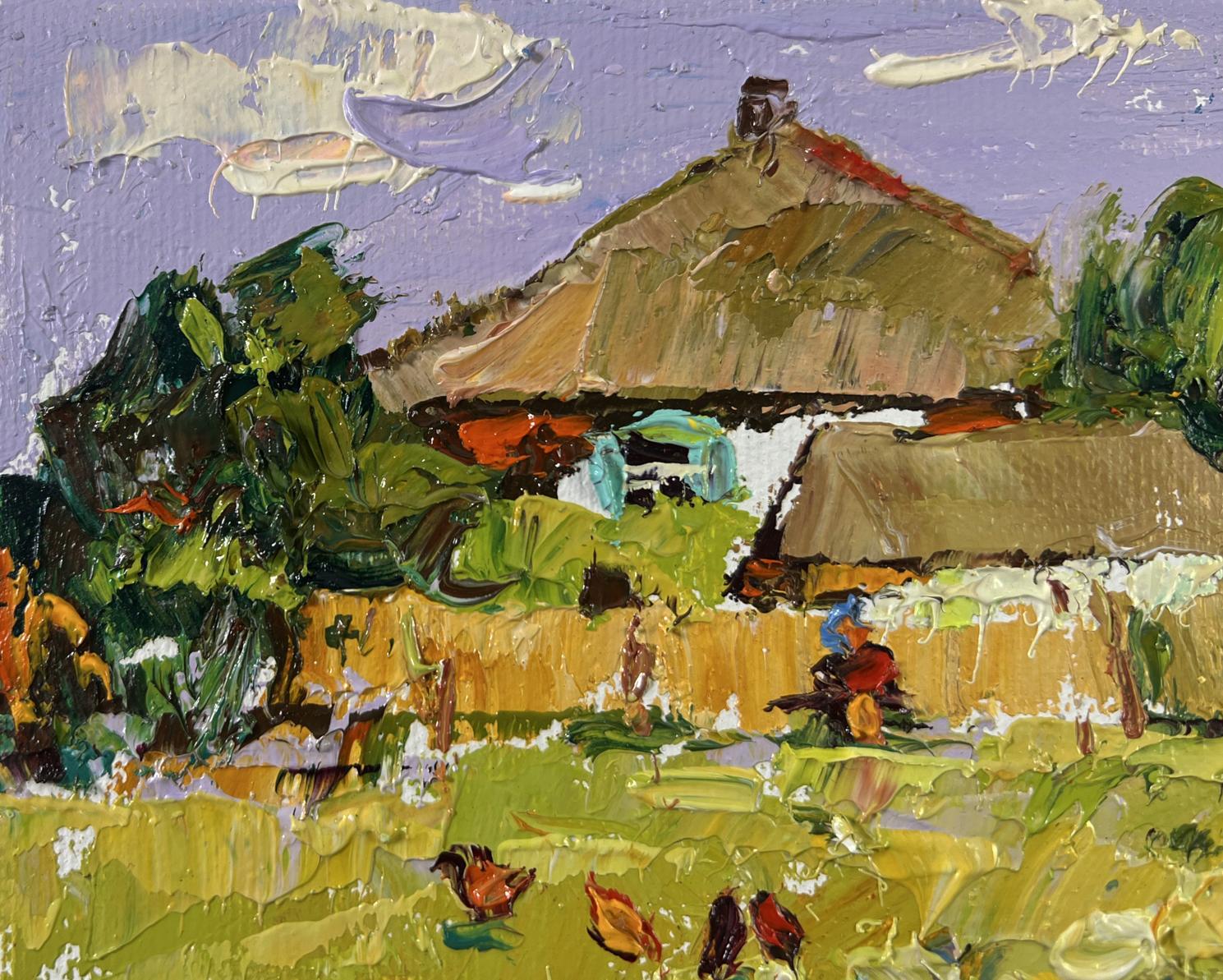 Oil painting of rustic thatched house by Oleksiy Ivanyuk with chickens