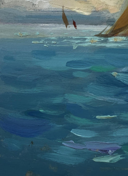 Oil painting The vastness of the seas by Yuriy Suprunchuk, textured ocean with sailboats
