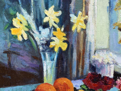 Vibrant oil painting of yellow daffodils in blue glass vase by Boris Serdyuk