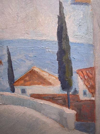 Oil painting of tall cypress trees and sea views over terracotta roofs
