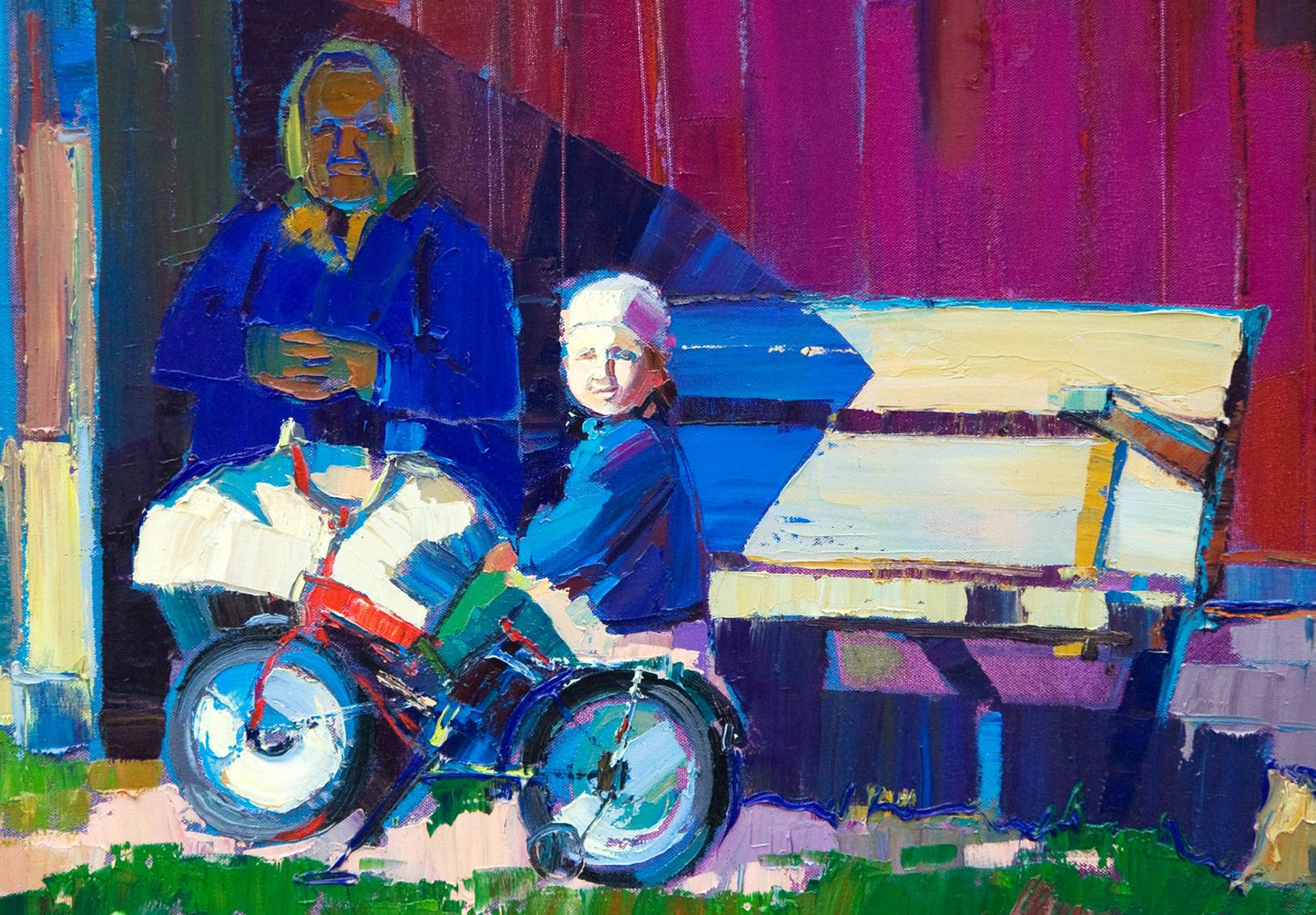 Oil painting Visiting the village by Natalia Korf-Ivaniuk: elderly woman and child on colorful bench