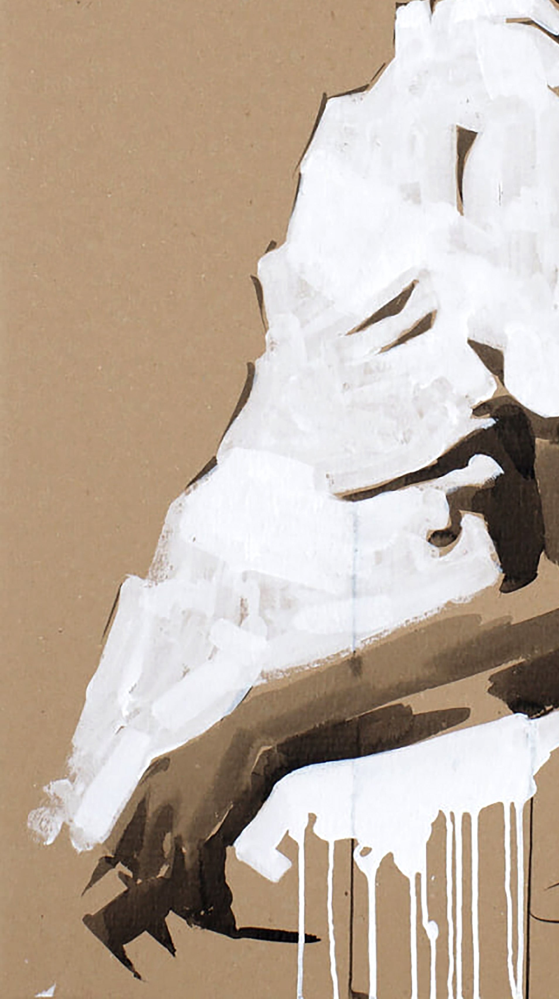 Stylized white and brown abstract sculpture by Sister Dima Filatov with dripping paint
