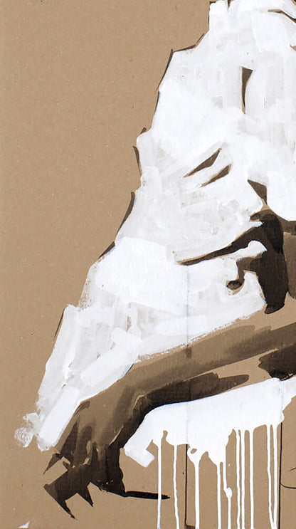 Stylized white and brown abstract sculpture by Sister Dima Filatov with dripping paint
