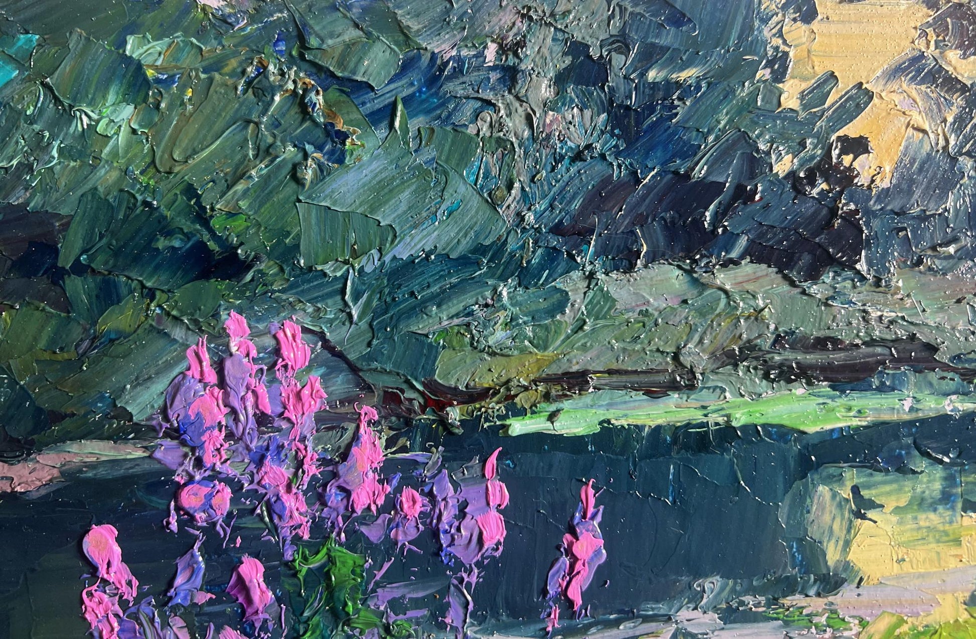 Oil painting Near the summer river by Boris Serdyuk with pink flowers