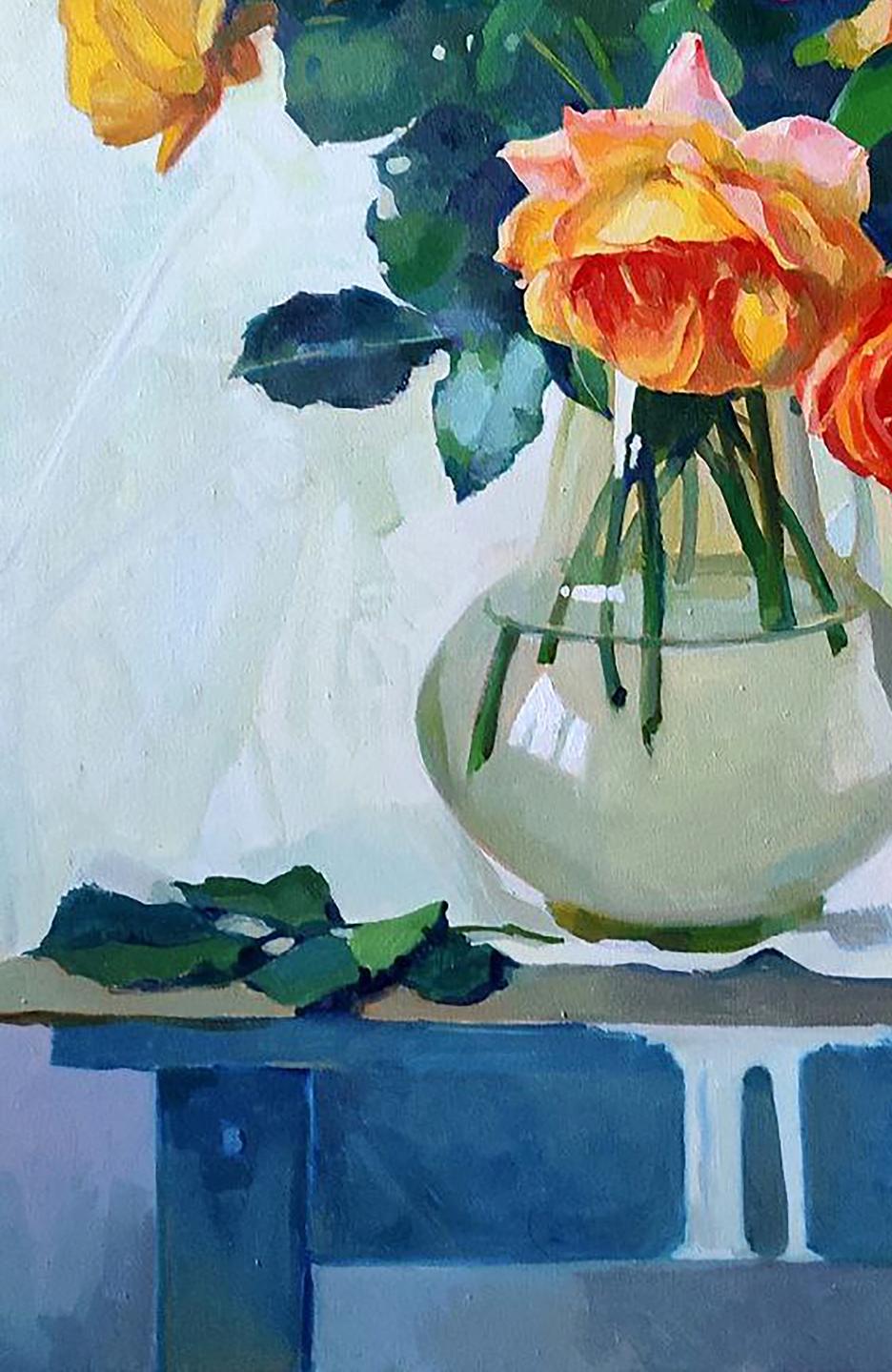 Oil painting of translucent glass vase with orange yellow roses by Anastasia Yaroshevich