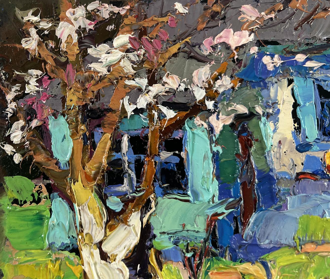 Vibrant impressionist oil painting Silence and sun in the yard by Oksana Ivanyuk