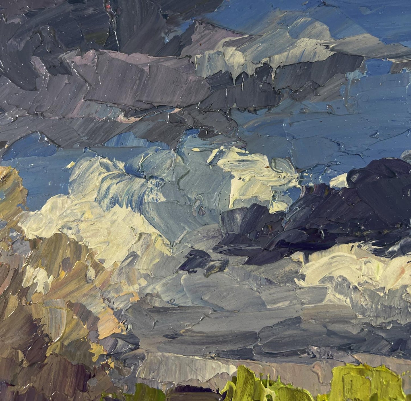 Impasto oil painting of rugged peaks, stormy sky, first warm rays by Boris Serdyuk