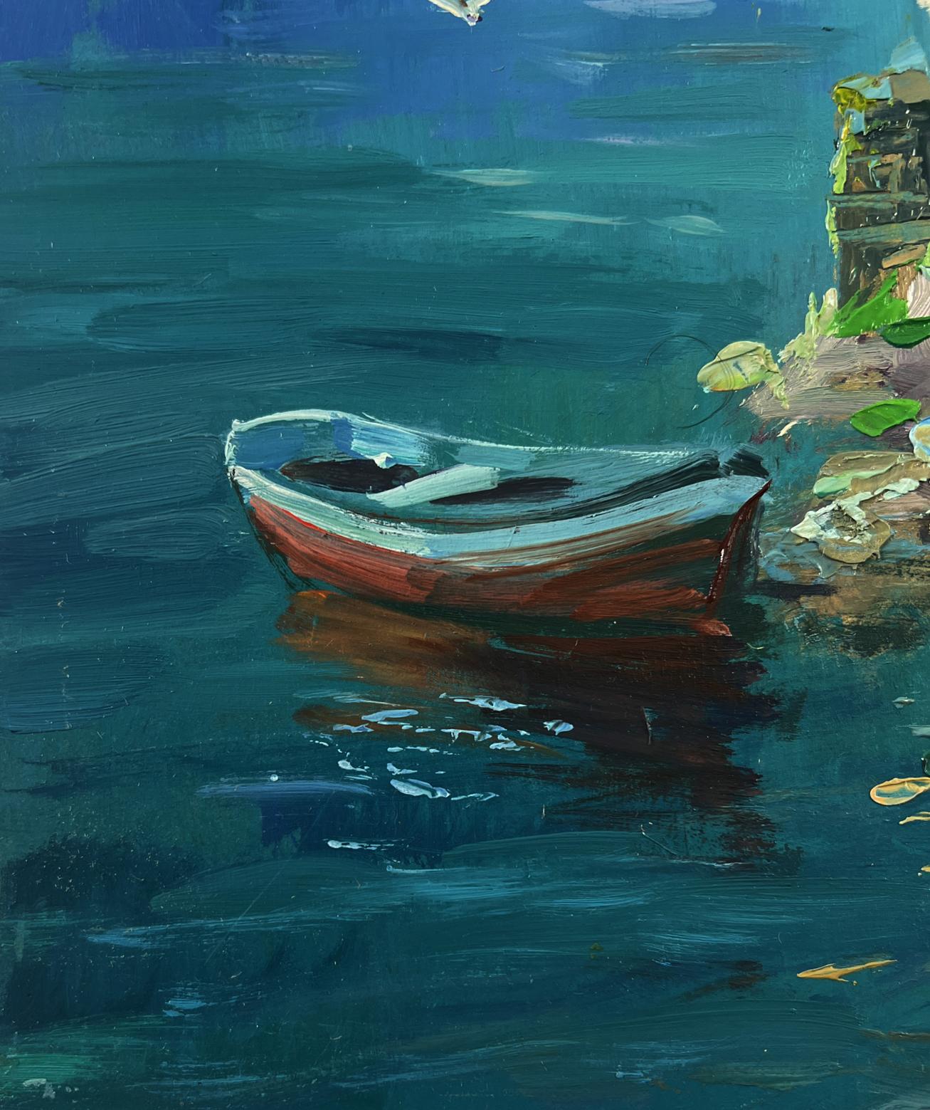 Oil painting of small red rowboat on teal water by Yuriy Suprunchuk
