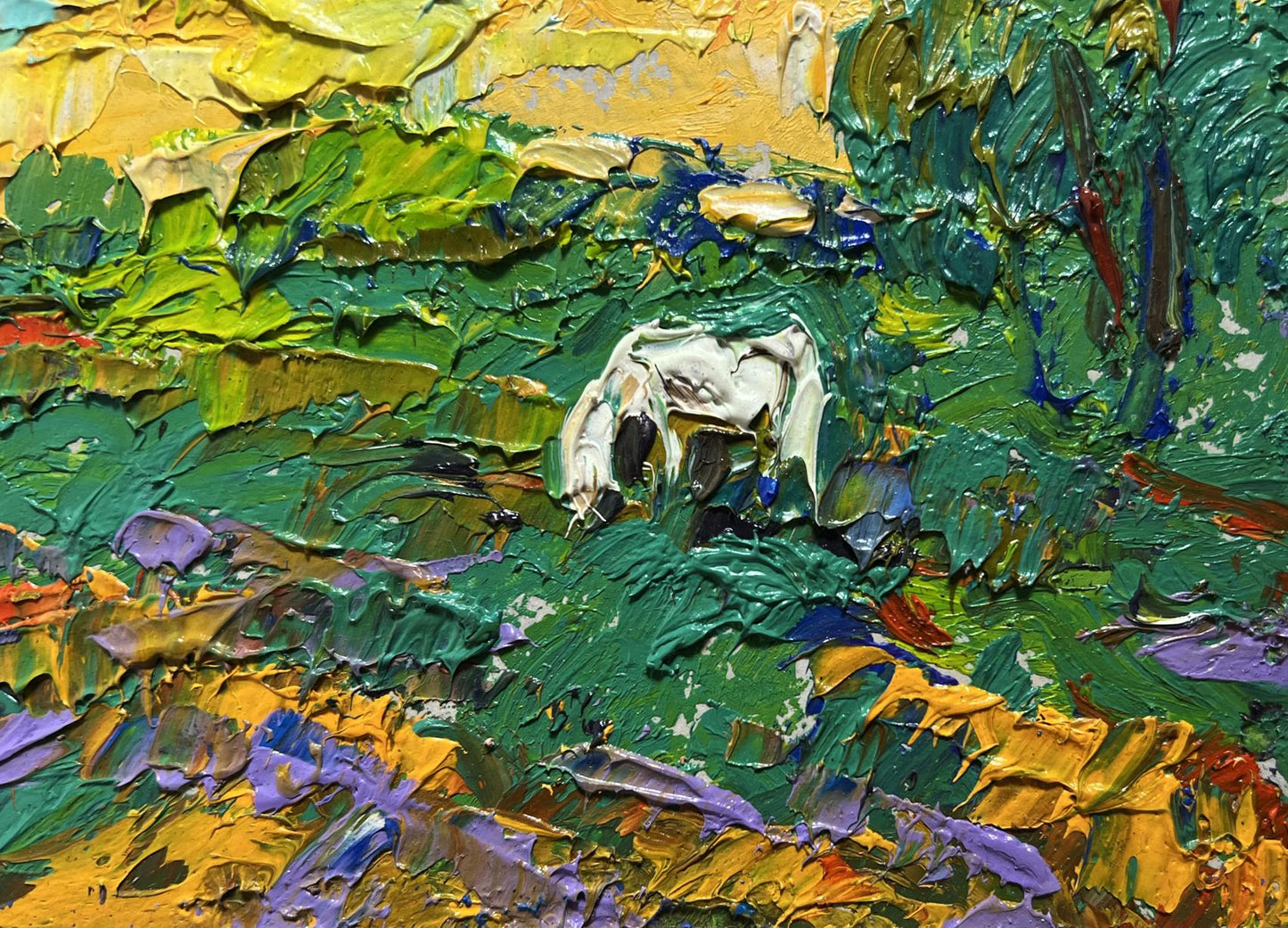 White textured elephant figurine in Oleksiy Ivanyuk vibrant sunset oil painting