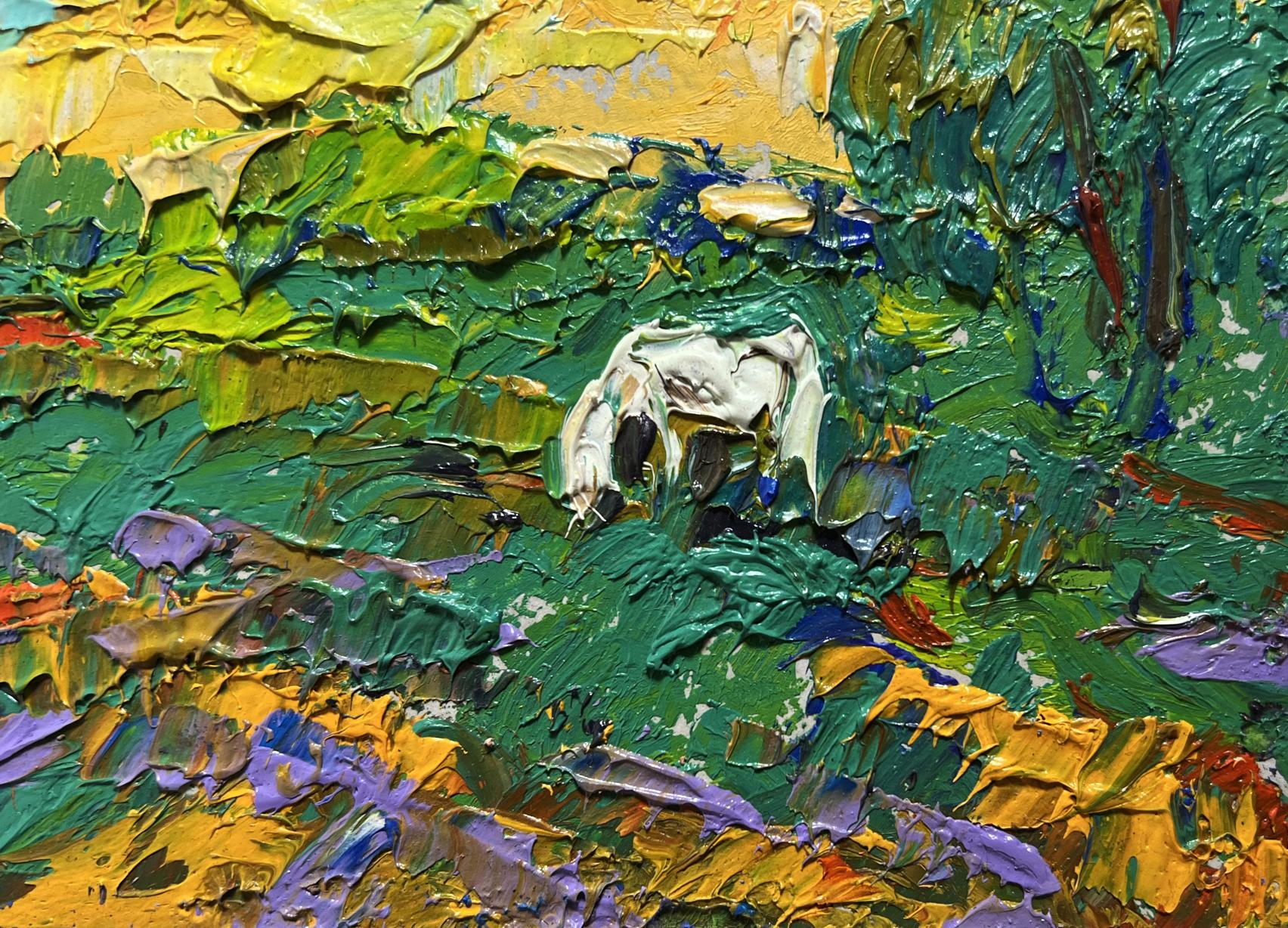White textured elephant figurine in Oleksiy Ivanyuk vibrant sunset oil painting