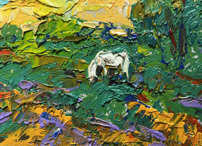 White textured elephant figurine in Oleksiy Ivanyuk vibrant sunset oil painting