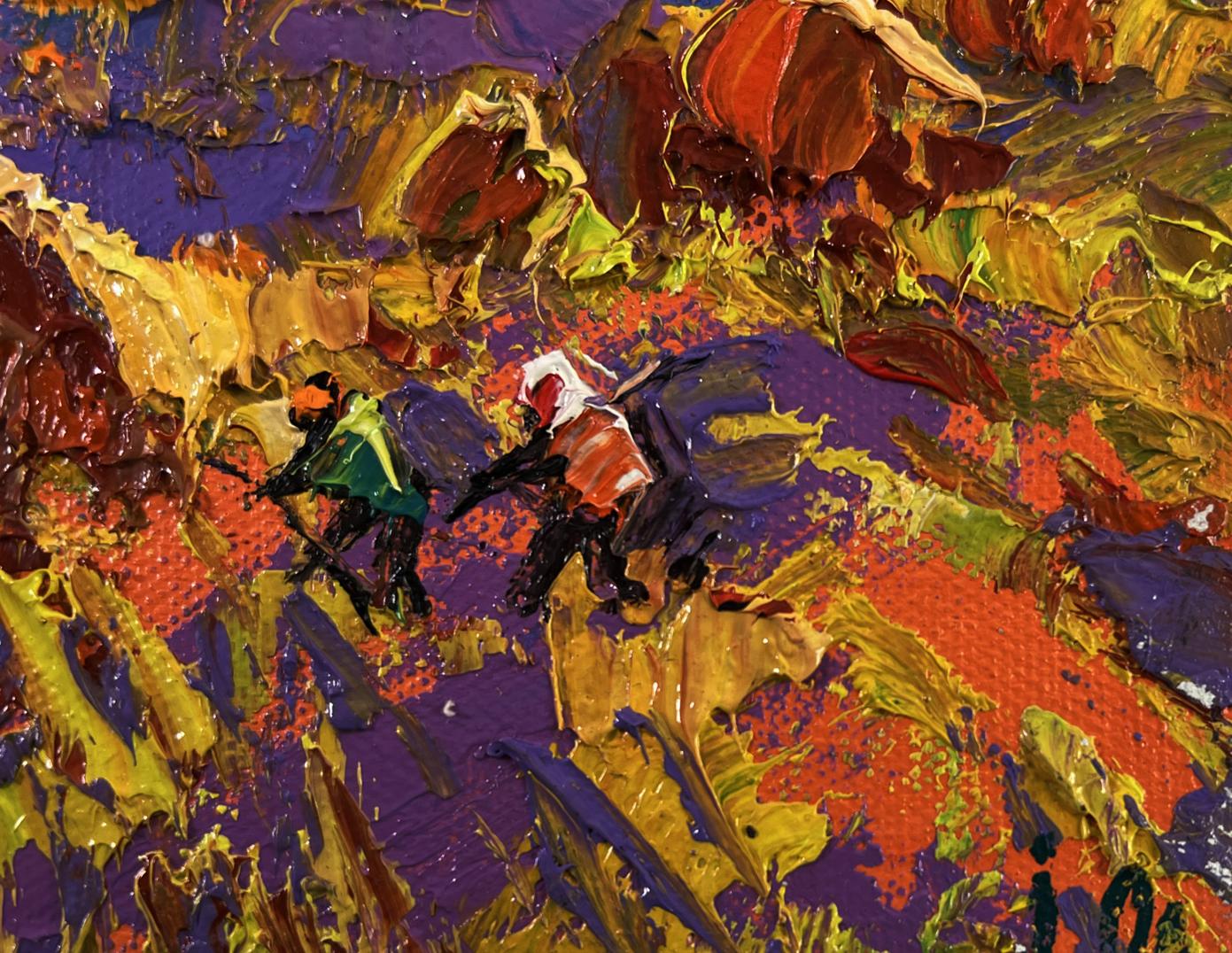 Vibrant impressionist oil painting by Oleksiy Ivanyuk of hikers in colorful landscape