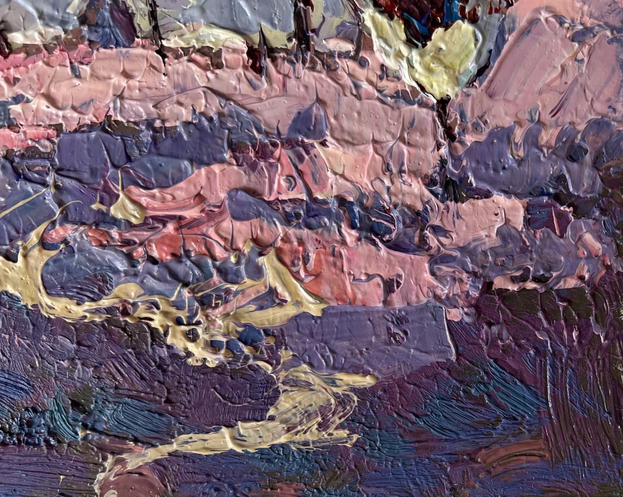 Oil painting Pink winter evening by Oksana Ivanyuk, textured pink purple yellow impasto