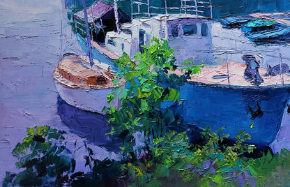 Oil painting of vibrant blue and white fishing boat by Ferry Boris Serdyuk