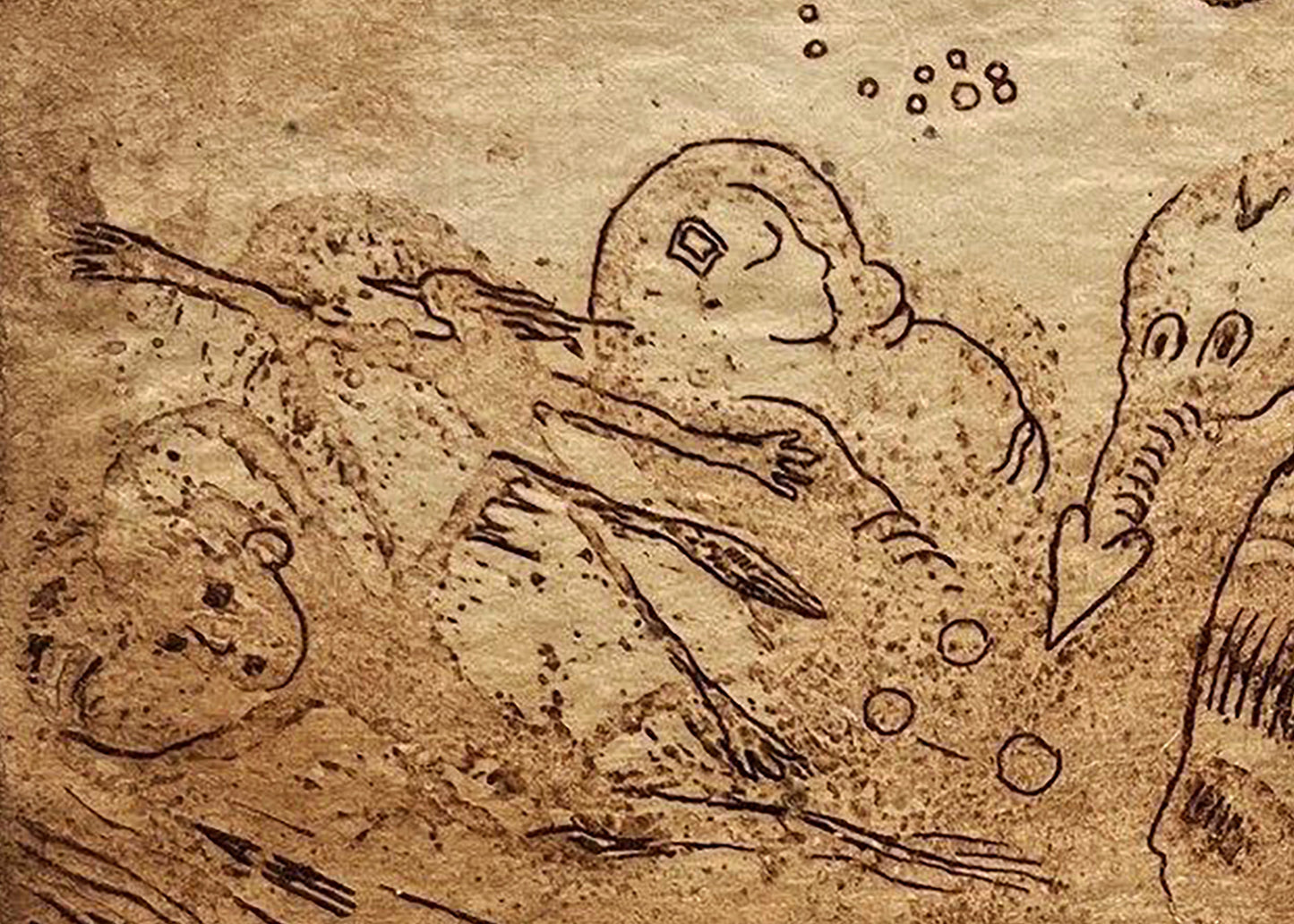 Sepia etching Night by Oleksandr Zhmailo: whimsical underwater scene