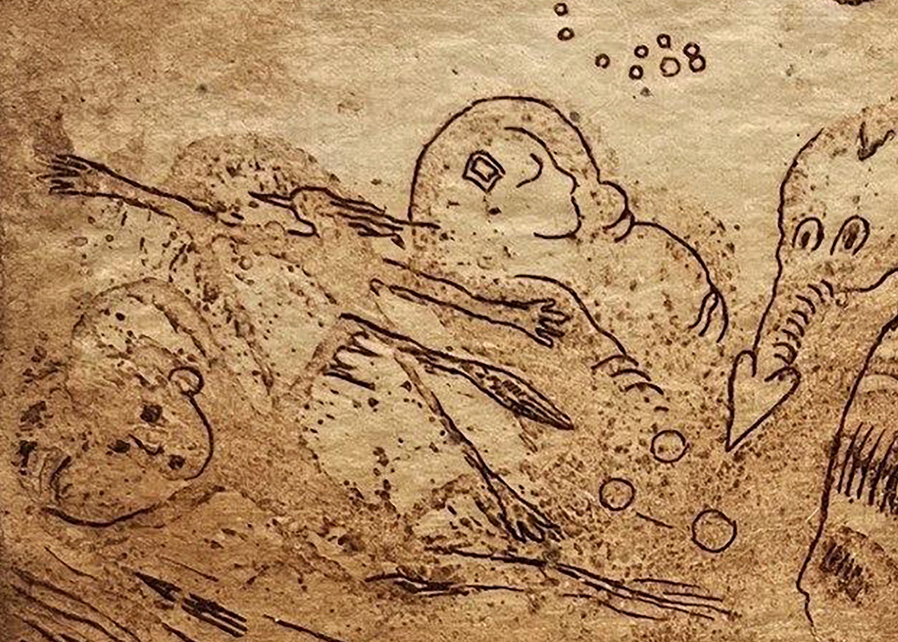 Sepia etching Night by Oleksandr Zhmailo: whimsical underwater scene