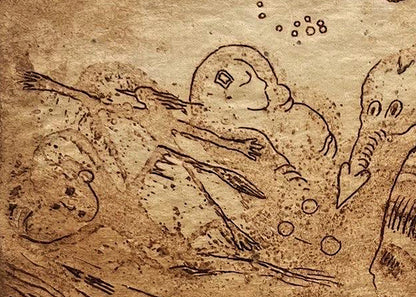 Sepia etching Night by Oleksandr Zhmailo: whimsical underwater scene