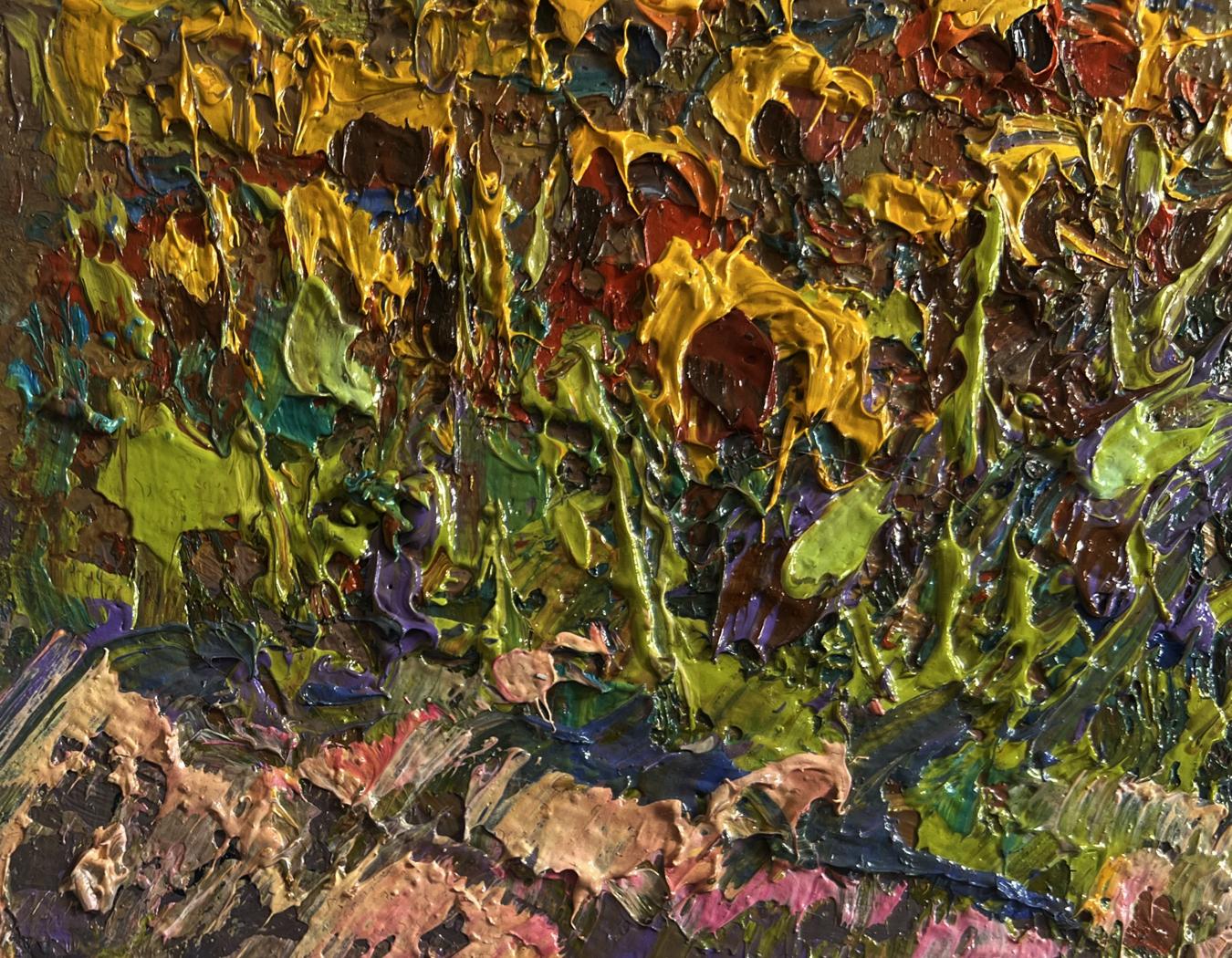 Oil painting of sunflower field in village by Oksana Ivanyuk