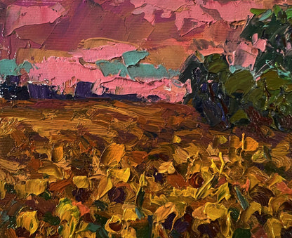Vibrant Evening Sunflowers oil painting by Oksana Ivanyuk with pink teal gold brushstrokes