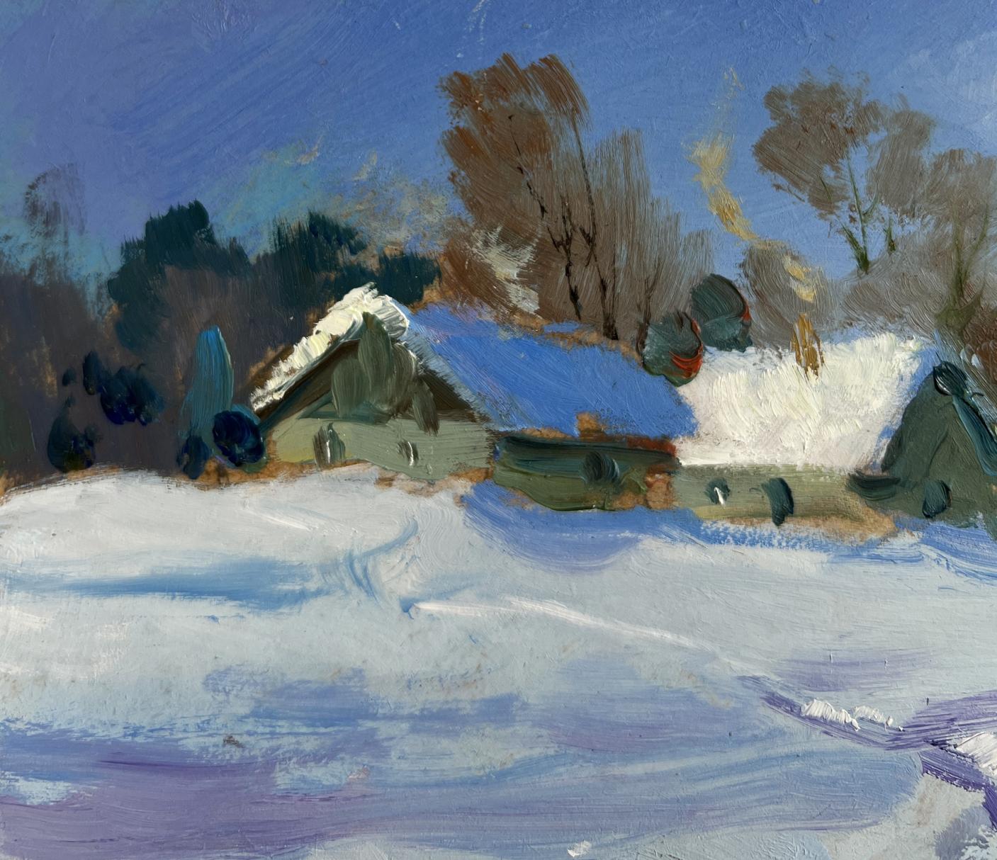 Impressionistic oil painting of snowy path to village by Yuriy Suprunchuk