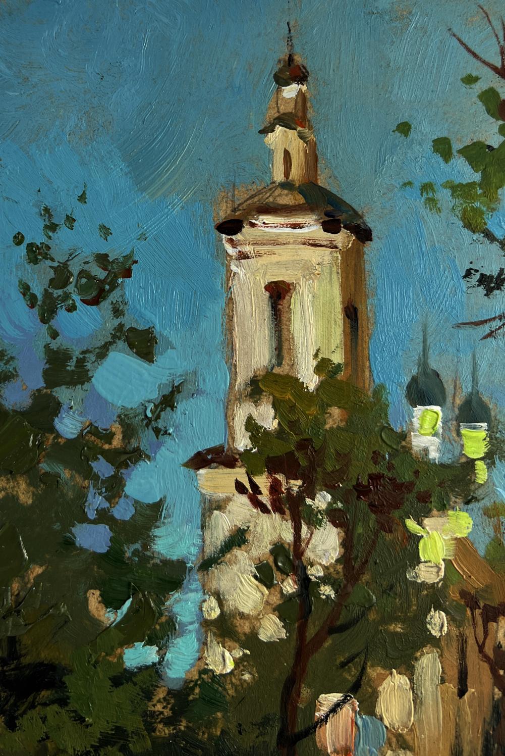 Oil painting of Yuriy Suprunchuk monastery towers with cream stone spire